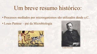 Um breve resumo histórico:
• Processos mediados por microrganismos são utilizados desde a.C.
• Louis Pasteur – pai da Microbiologia
Louis Pasteur
 