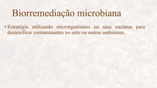 Biorremediação microbiana
• Estratégia utilizando microrganismos ou suas enzimas para
destoxificar contaminantes no solo ou outros ambientes.
 