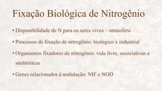 Fixação Biológica de Nitrogênio
• Disponibilidade de N para os seres vivos – atmosfera
• Processos de fixação de nitrogênio: biológico x industrial
• Organismos fixadores de nitrogênio: vida livre, associativas e
simbióticas
• Genes relacionados à nodulação: NIF e NOD
 