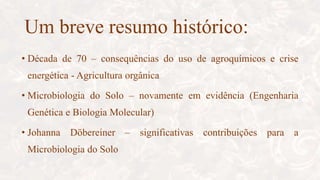 Um breve resumo histórico:
• Década de 70 – consequências do uso de agroquímicos e crise
energética - Agricultura orgânica
• Microbiologia do Solo – novamente em evidência (Engenharia
Genética e Biologia Molecular)
• Johanna Döbereiner – significativas contribuições para a
Microbiologia do Solo
 