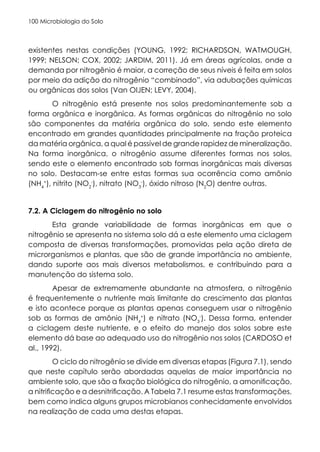 Microbiologia do Solo
100
existentes nestas condições (YOUNG, 1992; RICHARDSON, WATMOUGH,
1999; NELSON; COX, 2002; JARDIM, 2011). Já em áreas agrícolas, onde a
demanda por nitrogênio é maior, a correção de seus níveis é feita em solos
por meio da adição do nitrogênio “combinado”, via adubações químicas
ou orgânicas dos solos (Van OIJEN; LEVY, 2004).
O nitrogênio está presente nos solos predominantemente sob a
forma orgânica e inorgânica. As formas orgânicas do nitrogênio no solo
são componentes da matéria orgânica do solo, sendo este elemento
encontrado em grandes quantidades principalmente na fração proteica
da matéria orgânica, a qual é passível de grande rapidez de mineralização.
Na forma inorgânica, o nitrogênio assume diferentes formas nos solos,
sendo este o elemento encontrado sob formas inorgânicas mais diversas
no solo. Destacam-se entre estas formas sua ocorrência como amônio
(NH4
+
), nitrito (NO2
-
), nitrato (NO3
-
), óxido nitroso (N2
O) dentre outras.
7.2. A Ciclagem do nitrogênio no solo
Esta grande variabilidade de formas inorgânicas em que o
nitrogênio se apresenta no sistema solo dá a este elemento uma ciclagem
composta de diversas transformações, promovidas pela ação direta de
microrganismos e plantas, que são de grande importância no ambiente,
dando suporte aos mais diversos metabolismos, e contribuindo para a
manutenção do sistema solo.
Apesar de extremamente abundante na atmosfera, o nitrogênio
é frequentemente o nutriente mais limitante do crescimento das plantas
e isto acontece porque as plantas apenas conseguem usar o nitrogênio
sob as formas de amônio (NH4
+
) e nitrato (NO3
-
). Dessa forma, entender
a ciclagem deste nutriente, e o efeito do manejo dos solos sobre este
elemento dá base ao adequado uso do nitrogênio nos solos (CARDOSO et
al., 1992).
O ciclo do nitrogênio se divide em diversas etapas (Figura 7.1), sendo
que neste capítulo serão abordadas aquelas de maior importância no
ambiente solo, que são a fixação biológica do nitrogênio, a amonificação,
a nitrificação e a desnitrificação. A Tabela 7.1 resume estas transformações,
bem como indica alguns grupos microbianos conhecidamente envolvidos
na realização de cada uma destas etapas.
 