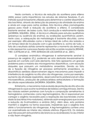 Microbiologia do Solo
118
Neste contexto, a técnica de redução do acetileno para etileno
(ARA) possui certa importância nos estudos de sistemas fixadores. É um
método que já foi bastante utilizado para determinar o caráter diazotrófico
das bactérias, através da detecção da presença da atividade da enzima
e ainda em voga para certas análises. Esta técnica utiliza cromatografia
gasosa para medir a redução do acetileno a etileno. É considerada
bastante sensível, de baixo custo, fácil condução e relativamente rápida
(MOREIRA; SIQUEIRA, 2006). A técnica é utilizada para estudos qualitativos
(presença ou ausência da enzima), ou avaliações quantitativas; porém,
neste caso, a adequação da metodologia é bastante discutida, como
por exemplo: dificuldades como o tempo ideal de cultivo dos isolados e
um tempo ideal de incubação com o gás acetileno e, acima de tudo, o
fato de o resultado obtido somente representar o momento da detecção
e não representar o processo fixador até então ocorrido na planta (RENNIE,
1981; CATTELAN et al., 1999; ESTRADA-DE LOS SANTOS et al., 2001).
O complexo enzimático nitrogenase é extremamente sensível à
presença de oxigênio (O2
), podendo ser esta destruída irreversivelmente
quando em contato com este elemento. Este fato apresenta um grande
problema para a maioria dos microrganismos diazotróficos, com exceção
daqueles que possuem um metabolismo anaeróbio. Devido ao fato
de a fixação de nitrogênio ser processo estritamente anaeróbico, os
diazotróficos aeróbios desenvolveram alguns mecanismos para impedir a
interferência do oxigênio no sítio ativo da nitrogenase, como por exemplo:
aumento da atividade respiratória, desenvolvimento preferencial em sítios
microaerofílicos, produção de polissacarídeos extracelulares e formação
de células especializadas (MOREIRA; SIQUEIRA, 2006).
Entretanto, o mecanismo mais evoluído de proteção do sítio ativo da
nitrogenase é o que ocorre na simbiose de rizóbios com leguminosas. Dentro
dos nódulos existem proteínas com função e composição semelhantes à
hemoglobina conhecidas como leg-hemoglobina. Ela é responsável por
carregar o oxigênio necessário para a respiração dos bacteroides (nome
dado às bactérias intra-nodulares), obtendo assim energia para que ocorra
a redução do N-atmosférico a amônio (NH3
). Além disso, esta proteína
mantém o oxigênio na forma associada, impedindo que o oxigênio livre
afete o funcionamento da nitrogenase. A leg-hemoglobina confere uma
cor avermelhada ao interior dos nódulos efetivos (Figura 8.3). Os nódulos
que não possuem esta proteína são brancos ou esverdeados no seu interior
e não fixam nitrogênio.
 