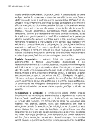 Microbiologia do Solo
120
cada ambiente (MOREIRA; SIQUEIRA, 2006). A capacidade de uma
estirpe de rizóbio sobreviver e colonizar um sítio de nodulação em
detrimento de outro é definida como competição (LUPWAYI et al.,
2005) e, frequentemente, algumas estirpes competem pelo mesmo
sítio de infecção na planta hospedeira. Estirpes nativas e ineficientes
podem competir com as eficientes provenientes de inoculante.
Rizóbios nativos geralmente apresentam maior adaptação ao
ambiente, porém, por apresentar elevada competitividade, essas
bactérias em geral apresentam ineficiência simbiótica. A presença
destas populações pouco contribui para a FBN em leguminosas,
tornando necessária a inoculação com estirpes que apresentem
eficiência, competitividade e adaptação às condições climáticas
e edáficas do local. Para que a população nativa não se torne um
fator limitante é também preciso atenção relativa ao número de
células viáveis no inoculante, de modo que o número mais elevado
confira à população introduzida vantagem competitiva.
Espécie hospedeira: o número total de espécies vegetais
pertencentes à família Leguminosae (Fabaceae) é de
aproximadamente16.576.Destas,apenas23%possueminformações
relatadas sobre a capacidade de nodular. Em relação ao potencial
de FBN, existe uma ampla variação que pode ser classificada como
baixo, médio e alto. Segundo Sanginga (1992), a espécie vegetal
Leucaena leucocephala pode fixar de 200 a 300 kg de nitrogênio,
10 vezes mais que plantas da espécie Acacia (Faidherbia) albida.
Assim, a primeira possui alto potencial e a última, baixo potencial.
A quantidade de nitrogênio atmosférico convertido a nitrogênio
combinado também pode ser afetada pelo genótipo e idade da
planta.
Temperatura e Umidade: a temperatura pode afetar etapas
importantes da associação entre rizóbios e leguminosas, como a
formação do cordão de infecção, colonização da raiz, formação
e função dos nódulos. Em temperaturas altas há formação dos
nódulos nas plantas, porém, estes são ineficientes em fixar o
nitrogênio devido às modificações fisiológicas e bioquímicas nos
pares simbiontes. No caso da bactéria, os plasmídeos que são
responsáveis por carregar os genes simbióticos podem ser perdidos
ou sofrer rearranjos genéticos. Já as temperaturas baixas retardam
a infecção e formação dos nódulos. Acredita-se que, de maneira
geral, para as leguminosas tropicais, temperaturas diurnas de 25ºC a
 