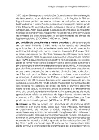 Fixação biológica de nitrogênio simbiótica 121
32ºCsejamótimasparaanodulação.Quandosecombinaalteração
de temperatura com deficiência hídrica, as limitações à FBN em
leguminosas podem ser ainda maiores. A redução do potencial
hídrico diminui a infecção dos pelos absorventes pelo rizóbio, pode
inibir totalmente a produção dos nódulos e afetar a atividade da
nitrogenase. Além disso, pode desencadear uma série de respostas
fisiológicas e anatômicas nas plantas hospedeiras, como diminuição
da emissão de pelos radiculares e descontinuidade da síntese de
leg-hemoglobina (GOORMACHTIG et al., 2004).
pH, deficiência de nutrientes e metais pesados: o pH do solo pode
ser um fator limitante à FBN, tanto se for abaixo do desejável
quanto acima. A acidez está diretamente relacionada a aspectos
nutricionais indesejáveis, como: menores teores de fósforo e cálcio
e teores excessivos de alumínio. Valores de pH baixo bem como
concentrações altas de alumínio em solução (comumente maiores
que 10µM), possuem um efeito negativo na nodulação. Neste caso,
pode-se tornar necessária a calagem com o objetivo de aumentar o
pH da solução e diminuir a disponibilidade de alumínio. A toxicidade
por alumínio pode reduzir o desenvolvimento radicular das plantas,
o que afeta a absorção de nutrientes, diminui a área radicular a
ser infectada por bactérias nodulíferas e as torna mais suscetíveis
a doenças. A deficiência de fósforo também está associada à
mudança de pH no meio. Em solos com valores baixos de pH, por
exemplo, este nutriente tende a ficar imobilizado por adsorção dos
íons fosfatos nos colóides de óxidos de ferro e alumínio presentes
neste tipo de solo. O fósforo é essencial às plantas, e a FBN demanda
uma alta quantidade deste nutriente. Assim, sua escassez, de modo
generalizado, afeta as simbioses de leguminosas. Micronutrientes
como Mo e Co, além do Fe, também são indispensáveis, por fazer
parte da enzima nitrogenase (VIEIRA et al., 1998a, 1998b, 1998c.)
N-mineral: a FBN só ocorre em situações de deficiência deste
elemento; por outro lado, para que haja infecção, formação
e crescimento do nódulo, o rizóbio necessita do N-mineral.
Acreditava-se que doses pequenas de nitrogênio podem estimular o
crescimento das plantas e aumentar a massa de nódulos produzidos.
Entretanto, comumente, a inoculação sozinha resulta em produções
equivalentes àquelas obtidas quando se faz adubação com 200
kg N ha-1
, pelo menos na soja. O excesso de N mineral nos solos
pode diminuir a intensidade da deformação dos pelos absorventes,
 