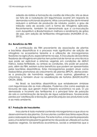 Microbiologia do Solo
122
adesão do rizóbio e formação do cordão de infecção. Isto se deve
ao fato de a nodulação em leguminosas ocorrer em resposta às
demandas nutricionais da planta. Altas concentrações de N-mineral
reduzem o estímulo de produção de nódulos, porém, o grau de
inibição varia de acordo com a forma de nitrogênio aplicada.
Recentemente, também foi demonstrado que a co-inoculação
com Azospirillum e Bradyrhizobium melhora o rendimento de grãos
de soja, sem adição de fertilizantes nitrogenados (HUNGRIA et al.,
2013).
8.6. Benefícios da FBN
A contribuição da FBN proveniente da associação de plantas
e bactérias diazotróficas é o processo mais significativo de adição de
nitrogênio no ecossistema terrestre e a utilização de microrganismos
fixadores na agricultura, especialmente na soja. A inoculação de bactérias
fixadoras de nitrogênio em plantas tem potencial de tornar-se uma técnica
que pode ser aplicável a sistemas vegetais em condições de déficit
hídrico, baixa fertilidade, ou ambas as condições. Isto pode ser possível,
pois, além da FBN, existem outros benefícios que podem ser apresentados
pelas bactérias diazotróficas. Estes microrganismos podem atuar como
rizobactérias promotoras do crescimento de plantas (RPCP), destacando-
se a produção de hormônios vegetais, como auxinas, giberelinas e
citocininas e também atuar na solubilização de fosfatos (BAZZICALUPO;
OKON, 2000).
No Brasil, as bactérias diazotróficas que estabelecem simbiose
com leguminosas são as mais utilizadas. Podemos citar como exemplo as
lavouras de soja, que geram maior impacto econômico no país. O uso
demasiado e incorreto dos fertilizantes é o principal fator de poluição
do solo e contaminação de lençóis de água subterrâneos, favorecendo
perdas por volatilização e lixiviação, gerando prejuízo aos produtores rurais
e ao meio ambiente.
8.7. Produção de Inoculantes
Inoculante é todo material contendo microrganismos e que atua no
desenvolvimento das plantas. Os inoculantes contêm bactérias específicas
para cada espécie de leguminosa. Por este motivo, o inoculante preparado
para uma determinada planta geralmente não pode ser utilizado em outras
espécies vegetais. Os benefícios econômicos, sociais e ambientais que o
 