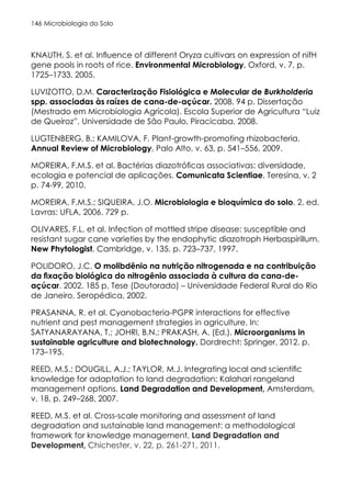Microbiologia do Solo
146
KNAUTH, S. et al. Influence of different Oryza cultivars on expression of nifH
gene pools in roots of rice. Environmental Microbiology, Oxford, v. 7, p.
1725–1733, 2005.
LUVIZOTTO, D.M. Caracterização Fisiológica e Molecular de Burkholderia
spp. associadas às raízes de cana-de-açúcar. 2008. 94 p. Dissertação
(Mestrado em Microbiologia Agrícola). Escola Superior de Agricultura “Luiz
de Queiroz”, Universidade de São Paulo, Piracicaba, 2008.
LUGTENBERG, B.; KAMILOVA, F. Plant-growth-promoting rhizobacteria.
Annual Review of Microbiology, Palo Alto, v. 63, p. 541–556, 2009.
MOREIRA, F.M.S. et al. Bactérias diazotróficas associativas: diversidade,
ecologia e potencial de aplicações. Comunicata Scientiae, Teresina, v. 2
p. 74-99, 2010.
MOREIRA, F.M.S.; SIQUEIRA, J.O. Microbiologia e bioquímica do solo. 2. ed.
Lavras: UFLA, 2006. 729 p.
OLIVARES, F.L. et al. Infection of mottled stripe disease: susceptible and
resistant sugar cane varieties by the endophytic diazotroph Herbaspirillum.
New Phytologist, Cambridge, v. 135, p. 723–737, 1997.
POLIDORO, J.C. O molibdênio na nutrição nitrogenada e na contribuição
da fixação biológica do nitrogênio associada à cultura da cana-de-
açúcar. 2002. 185 p. Tese (Doutorado) – Universidade Federal Rural do Rio
de Janeiro, Seropédica, 2002.
PRASANNA, R. et al. Cyanobacteria-PGPR interactions for effective
nutrient and pest management strategies in agriculture. In:
SATYANARAYANA, T.; JOHRI, B.N.; PRAKASH, A. (Ed.). Microorganisms in
sustainable agriculture and biotechnology. Dordrecht: Springer, 2012. p.
173–195.
REED, M.S.; DOUGILL, A.J.; TAYLOR, M.J. Integrating local and scientific
knowledge for adaptation to land degradation: Kalahari rangeland
management options. Land Degradation and Development, Amsterdam,
v. 18, p. 249–268, 2007.
REED, M.S. et al. Cross-scale monitoring and assessment of land
degradation and sustainable land management: a methodological
framework for knowledge management. Land Degradation and
Development, Chichester, v. 22, p. 261-271, 2011.
 
