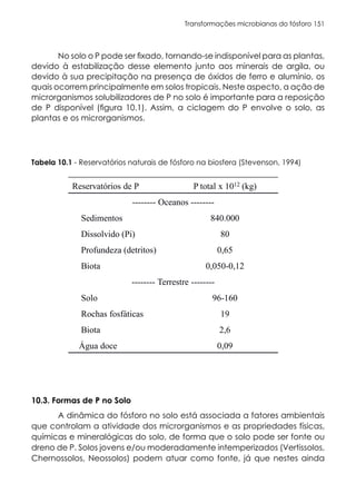 Transformações microbianas do fósforo 151
No solo o P pode ser fixado, tornando-se indisponível para as plantas,
devido à estabilização desse elemento junto aos minerais de argila, ou
devido à sua precipitação na presença de óxidos de ferro e alumínio, os
quais ocorrem principalmente em solos tropicais. Neste aspecto, a ação de
microrganismos solubilizadores de P no solo é importante para a reposição
de P disponível (figura 10.1). Assim, a ciclagem do P envolve o solo, as
plantas e os microrganismos.
Tabela 10.1 - Reservatórios naturais de fósforo na biosfera (Stevenson, 1994)
10.3. Formas de P no Solo
A dinâmica do fósforo no solo está associada a fatores ambientais
que controlam a atividade dos microrganismos e as propriedades físicas,
químicas e mineralógicas do solo, de forma que o solo pode ser fonte ou
dreno de P. Solos jovens e/ou moderadamente intemperizados (Vertissolos,
Chernossolos, Neossolos) podem atuar como fonte, já que nestes ainda
Reservatórios de P P total x 1012 (kg)
-------- Oceanos --------
Sedimentos 840.000
Dissolvido (Pi) 80
Profundeza (detritos) 0,65
Biota 0,050-0,12
-------- Terrestre --------
Solo 96-160
Rochas fosfáticas 19
Biota 2,6
Água doce 0,09
 
