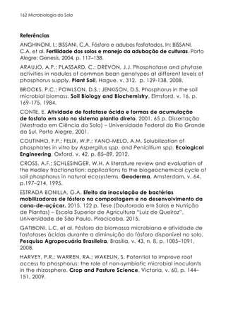 Microbiologia do Solo
162
Referências
ANGHINONI, I.; BISSANI, C.A. Fósforo e adubos fosfatados. In: BISSANI,
C.A. et al. Fertilidade dos solos e manejo da adubação de culturas. Porto
Alegre: Genesis, 2004. p. 117–138.
ARAUJO, A.P.; PLASSARD, C.; DREVON, J.J. Phosphatase and phytase
activities in nodules of common bean genotypes at different levels of
phosphorus supply. Plant Soil, Hague, v. 312, p. 129-138, 2008.
BROOKS, P.C.; POWLSON, D.S.; JENKISON, D.S. Phosphorus in the soil
microbial biomass. Soil Biology and Biochemistry, Elmsford, v. 16, p.
169-175, 1984.
CONTE, E. Atividade de fosfatase ácida e formas de acumulação
de fosfato em solo no sistema plantio direto. 2001. 65 p. Dissertação
(Mestrado em Ciência do Solo) – Universidade Federal do Rio Grande
do Sul, Porto Alegre, 2001.
COUTINHO, F.P.; FELIX, W.P.; YANO-MELO, A.M. Solubilization of
phosphates in vitro by Aspergillus spp. and Penicillium spp. Ecological
Engineering, Oxford, v. 42, p. 85–89, 2012.
CROSS, A.F.; SCHLESINGER, W.H. A literature review and evaluation of
the Hedley fractionation: applications to the biogeochemical cycle of
soil phosphorus in natural ecosystems. Geoderma, Amsterdam, v. 64,
p.197–214, 1995.
ESTRADA BONILLA, G.A. Efeito da inoculação de bactérias
mobilizadoras de fósforo na compostagem e no desenvolvimento da
cana-de-açúcar. 2015. 122 p. Tese (Doutorado em Solos e Nutrição
de Plantas) – Escola Superior de Agricultura “Luiz de Queiroz”,
Universidade de São Paulo, Piracicaba, 2015.
GATIBONI, L.C. et al. Fósforo da biomassa microbiana e atividade de
fosfatases ácidas durante a diminuição do fósforo disponível no solo.
Pesquisa Agropecuária Brasileira, Brasília, v. 43, n. 8, p. 1085–1091,
2008.
HARVEY, P.R.; WARREN, RA.; WAKELIN, S. Potential to improve root
access to phosphorus: the role of non-symbiotic microbial inoculants
in the rhizosphere. Crop and Pasture Science, Victoria, v. 60, p. 144–
151, 2009.
 