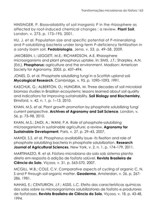 Transformações microbianas do fósforo 163
HINSINGER, P. Bioavailability of soil inorganic P in the rhizosphere as
affected by root-induced chemical changes : a review. Plant Soil,
London, v. 273, p. 173–195, 2001.
HU, J. et al. Population size and specific potential of P-mineralizing
and P-solubilizing bacteria under long-term P-deficiency fertilization in
a sandy loam soil. Pedobiologia, Jena, v. 53, p. 49–58, 2009.
JAKOBSEN, I.; LEGGETT, M.E.; RICHARDSON, A.E. Rhizosphere
microorganisms and plant phosphorus uptake. In: SIMS, J.T.; Sharpley, A.N.
(Ed.). Phosphorus: agriculture and the environment. Madison: American
Society for Agronomy, 2005. p. 437–494.
JONES, D. et al. Phosphate solubilizing fungi in a Scottish upland soil.
Mycological Research, Cambridge, v. 95, p. 1090–1093, 1991.
KASCHUK, G.; ALBERTON, O.; HUNGRIA, M. Three decades of soil microbial
biomass studies in Brazilian ecosystems: lessons learned about soil quality
and indications for improving sustainability. Soil Biology and Biochemistry,
Elmsford, v. 42, n. 1, p. 1–13, 2010.
KHAN, M.S. et al. Plant growth promotion by phosphate solubilizing fungi
current perspective. Archives of Agronomy and Soil Science, London, v.
56, p. 73–98, 2010.
KHAN, M.S.; ZAIDI, A.; WANI, P.A. Role of phosphate-solubilizing
microorganisms in sustainable agriculture: a review. Agronomy for
Sustainable Development, Paris, v. 27, p. 29–43, 2007.
MAHDI, S.S. et al. Phosphorus availability issue- its fixation and role of
phosphate solubilizing bacteria in phosphate solubilization. Research
Journal of Agricultural Sciences, New York, v. 2, n. 1, p. 174–179, 2011.
MARTINAZZO, R. et al. Fósforo microbiano do solo sob sistema plantio
direto em resposta à adição de fosfato solúvel. Revista Brasileira de
Ciência do Solo, Viçosa, v. 31, p. 563-570, 2007.
MCGILL, W.B.; COLE, C.V. Comparative aspects of cycling of organic C, N,
S and P through soil organic matter. Geoderma, Amsterdan, v. 26, p. 267-
286, 1981.
NAHAS, E.; CENTURION, J.F.; ASSIS, L.C. Efeito das características químicas
dos solos sobre os microorganismos solubilizatores de fosfato e produtores
de fosfatases. Revista Brasileira de Ciência do Solo, Viçosa, v. 18, p. 43-48,
1994.
 