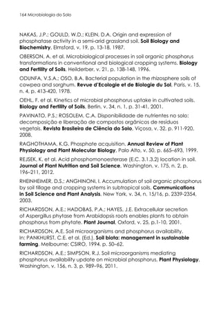 Microbiologia do Solo
164
NAKAS, J.P.; GOULD, W.D.; KLEIN, D.A. Origin and expression of
phosphatase activity in a semi-arid grassland soil. Soil Biology and
Biochemistry, Elmsford, v. 19, p. 13-18, 1987.
OBERSON, A. et al. Microbiological processes in soil organic phosphorus
transformations in conventional and biological cropping systems. Biology
and Fertility of Soils, Heilderber, v. 21, p. 138-148, 1996.
ODUNFA, V.S.A.; OSO, B.A. Bacterial population in the rhizosphere soils of
cowpea and sorghum. Revue d’Ecologie et de Biologie du Sol, Paris, v. 15,
n. 4, p. 413-420, 1978.
OEHL, F. et al. Kinetics of microbial phosphorus uptake in cultivated soils.
Biology and Fertility of Soils, Berlin, v. 34, n. 1, p. 31-41, 2001.
PAVINATO, P.S.; ROSOLEM, C.A. Disponibilidade de nutrientes no solo:
decomposição e liberação de compostos orgânicos de resíduos
vegetais. Revista Brasileira de Ciência do Solo, Viçosa, v. 32, p. 911-920,
2008.
RAGHOTHAMA, K.G. Phosphate acquisition. Annual Review of Plant
Physiology and Plant Molecular Biology, Palo Alto, v. 50, p. 665–693, 1999.
REJSEK, K. et al. Acid phosphomonoesterase (E.C. 3.1.3.2) location in soil.
Journal of Plant Nutrition and Soil Science, Washington, v. 175, n. 2, p.
196–211, 2012.
RHEINHEIMER, D.S.; ANGHINONI, I. Accumulation of soil organic phosphorus
by soil tillage and cropping systems in subtropical soils. Communications
in Soil Science and Plant Analysis, New York, v. 34, n. 15/16, p. 2339-2354,
2003.
RICHARDSON, A.E.; HADOBAS, P.A.; HAYES, J.E. Extracellular secretion
of Aspergillus phytase from Arabidopsis roots enables plants to obtain
phosphorus from phytate. Plant Journal, Oxford, v. 25, p.1-10, 2001.
RICHARDSON, A.E. Soil microorganisms and phosphorus availability.
In: PANKHURST, C.E. et al. (Ed.). Soil biota: management in sustainable
farming. Melbourne: CSIRO, 1994. p. 50–62.
RICHARDSON, A.E.; SIMPSON, R.J. Soil microorganisms mediating
phosphorus availability update on microbial phosphorus. Plant Physiology,
Washington, v. 156, n. 3, p. 989–96, 2011.
 