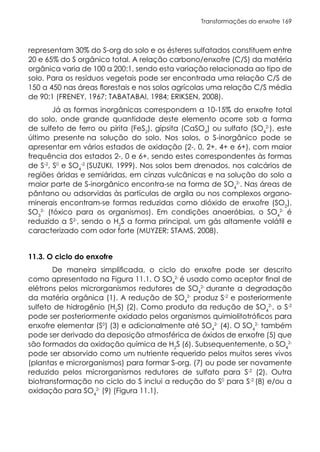 Transformações do enxofre 169
representam 30% do S-org do solo e os ésteres sulfatados constituem entre
20 e 65% do S orgânico total. A relação carbono/enxofre (C/S) da matéria
orgânica varia de 100 a 200:1, sendo esta variação relacionada ao tipo de
solo. Para os resíduos vegetais pode ser encontrada uma relação C/S de
150 a 450 nas áreas florestais e nos solos agrícolas uma relação C/S média
de 90:1 (FRENEY, 1967; TABATABAI, 1984; ERIKSEN, 2008).
Já as formas inorgânicas correspondem a 10-15% do enxofre total
do solo, onde grande quantidade deste elemento ocorre sob a forma
de sulfeto de ferro ou pirita (FeS2
), gipsita (CaSO4
) ou sulfato (SO4
2-
), este
último presente na solução do solo. Nos solos, o S-inorgânico pode se
apresentar em vários estados de oxidação (2-, 0, 2+, 4+ e 6+), com maior
frequência dos estados 2-, 0 e 6+, sendo estes correspondentes às formas
de S-2
, S0
e SO4
-2
(SUZUKI, 1999). Nos solos bem drenados, nos calcários de
regiões áridas e semiáridas, em cinzas vulcânicas e na solução do solo a
maior parte de S-inorgânico encontra-se na forma de SO4
2-
. Nas áreas de
pântano ou adsorvidas às partículas de argila ou nos complexos organo-
minerais encontram-se formas reduzidas como dióxido de enxofre (SO2
),
SO3
2-
(tóxico para os organismos). Em condições anaeróbias, o SO4
2-
é
reduzido a S2-
, sendo o H2
S a forma principal, um gás altamente volátil e
caracterizado com odor forte (MUYZER; STAMS, 2008).
11.3. O ciclo do enxofre
De maneira simplificada, o ciclo do enxofre pode ser descrito
como apresentado na Figura 11.1. O SO4
2-
é usado como aceptor final de
elétrons pelos microrganismos redutores de SO4
2-
durante a degradação
da matéria orgânica (1). A redução de SO4
2-
produz S-2
e posteriormente
sulfeto de hidrogênio (H2
S) (2). Como produto da redução de SO4
2-
, o S-2
pode ser posteriormente oxidado pelos organismos quimiolitotróficos para
enxofre elementar (S0
) (3) e adicionalmente até SO4
2-
(4). O SO4
2-
também
pode ser derivado da deposição atmosférica de óxidos de enxofre (5) que
são formados da oxidação química de H2
S (6). Subsequentemente, o SO4
2-
pode ser absorvido como um nutriente requerido pelos muitos seres vivos
(plantas e microrganismos) para formar S-org. (7) ou pode ser novamente
reduzido pelos microrganismos redutores de sulfato para S-2
(2). Outra
biotransformação no ciclo do S inclui a redução do S0
para S-2
(8) e/ou a
oxidação para SO4
2-
(9) (Figura 11.1).
 