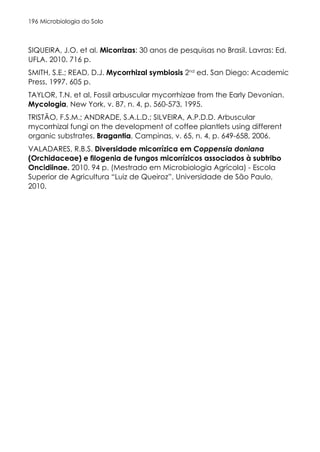 Microbiologia do Solo
196
SIQUEIRA, J.O. et al. Micorrizas: 30 anos de pesquisas no Brasil. Lavras: Ed.
UFLA. 2010. 716 p.
SMITH, S.E.; READ, D.J. Mycorrhizal symbiosis 2nd
ed. San Diego: Academic
Press, 1997. 605 p.
TAYLOR, T.N. et al. Fossil arbuscular mycorrhizae from the Early Devonian.
Mycologia, New York, v. 87, n. 4, p. 560-573, 1995.
TRISTÃO, F.S.M.; ANDRADE, S.A.L.D.; SILVEIRA, A.P.D.D. Arbuscular
mycorrhizal fungi on the development of coffee plantlets using different
organic substrates. Bragantia, Campinas, v. 65, n. 4, p. 649-658, 2006.
VALADARES, R.B.S. Diversidade micorrízica em Coppensia doniana
(Orchidaceae) e filogenia de fungos micorrízicos associados à subtribo
Oncidiinae. 2010. 94 p. (Mestrado em Microbiologia Agrícola) - Escola
Superior de Agricultura “Luiz de Queiroz”, Universidade de São Paulo,
2010.
 
