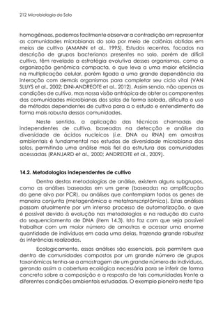Microbiologia do Solo
212
homogêneas, podemos facilmente observar a contradição em representar
as comunidades microbianas do solo por meio de colônias obtidas em
meios de cultivo (AMANN et al., 1995). Estudos recentes, focados na
descrição de grupos bacterianos presentes no solo, porém de difícil
cultivo, têm revelado a estratégia evolutiva desses organismos, como a
organização genômica compacta, o que leva a uma maior eficiência
na multiplicação celular, porém ligada a uma grande dependência da
interação com demais organismos para completar seu ciclo vital (VAN
SLUYS et al., 2002; DINI-ANDREOTE et al., 2012). Assim sendo, não apenas as
condições de cultivo, mas nossa visão antrópica de obter os componentes
das comunidades microbianas dos solos de forma isolada, dificulta o uso
de métodos dependentes de cultivo para a o estudo e entendimento de
forma mais robusta dessas comunidades.
Neste sentido, a aplicação das técnicas chamadas de
independentes de cultivo, baseadas na detecção e análise da
diversidade de ácidos nucleicos (i.e. DNA ou RNA) em amostras
ambientais é fundamental nos estudos de diversidade microbiana dos
solos, permitindo uma análise mais fiel da estrutura das comunidades
acessadas (RANJARD et al., 2000; ANDREOTE et al., 2009).
14.2. Metodologias independentes de cultivo
Dentro destas metodologias de análise, existem alguns subgrupos,
como as análises baseadas em um gene (baseadas na amplificação
do gene alvo por PCR), ou análises que contemplam todos os genes de
maneira conjunta (metagenômica e metatranscriptômica). Estas análises
passam atualmente por um intenso processo de automatização, o que
é possível devido à evolução nas metodologias e na redução do custo
do sequenciamento de DNA (item 14.3). Isto faz com que seja possível
trabalhar com um maior número de amostras e acessar uma enorme
quantidade de indivíduos em cada uma delas, trazendo grande robustez
às inferências realizadas.
Ecologicamente, essas análises são essenciais, pois permitem que
dentro de comunidades compostas por um grande número de grupos
taxonômicos tenha-se a amostragem de um grande número de indivíduos,
gerando assim a cobertura ecológica necessária para se inferir de forma
concreta sobre a composição e a resposta de tais comunidades frente a
diferentes condições ambientais estudadas. O exemplo pioneiro neste tipo
 