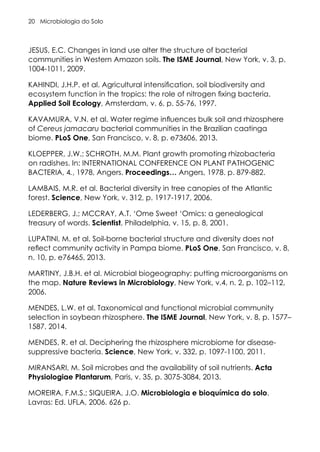 Microbiologia do Solo
20
JESUS, E.C. Changes in land use alter the structure of bacterial
communities in Western Amazon soils. The ISME Journal, New York, v. 3, p.
1004-1011, 2009.
KAHINDI, J.H.P. et al. Agricultural intensification, soil biodiversity and
ecosystem function in the tropics: the role of nitrogen fixing bacteria.
Applied Soil Ecology, Amsterdam, v. 6, p. 55-76, 1997.
KAVAMURA, V.N. et al. Water regime influences bulk soil and rhizosphere
of Cereus jamacaru bacterial communities in the Brazilian caatinga
biome. PLoS One, San Francisco, v. 8, p. e73606, 2013.
KLOEPPER, J.W.; SCHROTH, M.M. Plant growth promoting rhizobacteria
on radishes. In: INTERNATIONAL CONFERENCE ON PLANT PATHOGENIC
BACTERIA, 4., 1978, Angers. Proceedings… Angers, 1978. p. 879-882.
LAMBAIS, M.R. et al. Bacterial diversity in tree canopies of the Atlantic
forest. Science, New York, v. 312, p. 1917-1917, 2006.
LEDERBERG, J.; MCCRAY, A.T. ‘Ome Sweet ‘Omics: a genealogical
treasury of words. Scientist, Philadelphia, v. 15, p. 8, 2001.
LUPATINI, M. et al. Soil-borne bacterial structure and diversity does not
reflect community activity in Pampa biome. PLoS One, San Francisco, v. 8,
n. 10, p. e76465, 2013.
MARTINY, J.B.H. et al. Microbial biogeography: putting microorganisms on
the map. Nature Reviews in Microbiology, New York, v.4, n. 2, p. 102–112,
2006.
MENDES, L.W. et al. Taxonomical and functional microbial community
selection in soybean rhizosphere. The ISME Journal, New York, v. 8, p. 1577–
1587, 2014.
MENDES, R. et al. Deciphering the rhizosphere microbiome for disease-
suppressive bacteria. Science, New York, v. 332, p. 1097-1100, 2011.
MIRANSARI, M. Soil microbes and the availability of soil nutrients. Acta
Physiologiae Plantarum, Paris, v. 35, p. 3075-3084, 2013.
MOREIRA, F.M.S.; SIQUEIRA, J.O. Microbiologia e bioquímica do solo.
Lavras: Ed. UFLA, 2006. 626 p.
 