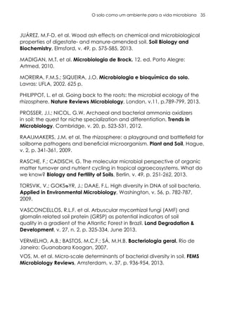 O solo como um ambiente para a vida microbiana 35
JUÁREZ, M.F-D. et al. Wood ash effects on chemical and microbiological
properties of digestate- and manure-amended soil. Soil Biology and
Biochemistry, Elmsford, v. 49, p. 575-585, 2013.
MADIGAN, M.T. et al. Microbiologia de Brock. 12. ed. Porto Alegre:
Artmed, 2010.
MOREIRA, F.M.S.; SIQUEIRA, J.O. Microbiologia e bioquímica do solo.
Lavras: UFLA, 2002. 625 p.
PHILIPPOT, L. et al. Going back to the roots: the microbial ecology of the
rhizosphere. Nature Reviews Microbiology, London, v.11, p.789-799, 2013.
PROSSER, J.I.; NICOL, G.W. Archaeal and bacterial ammonia oxidizers
in soil: the quest for niche specialization and differentiation. Trends in
Microbiology, Cambridge, v. 20, p. 523-531, 2012.
RAAIJMAKERS, J.M. et al. The rhizosphere: a playground and battlefield for
soilborne pathogens and beneficial microorganism. Plant and Soil, Hague,
v. 2, p. 341-361, 2009.
RASCHE, F.; CADISCH, G. The molecular microbial perspective of organic
matter turnover and nutrient cycling in tropical agroecosystems. What do
we know? Biology and Fertility of Soils, Berlin, v. 49, p. 251-262, 2013.
TORSVIK, V.; GOKSᴓYR, J.; DAAE, F.L. High diversity in DNA of soil bacteria.
Applied in Environmental Microbiology, Washington, v. 56, p. 782-787,
2009.
VASCONCELLOS, R.L.F. et al. Arbuscular mycorrhizal fungi (AMF) and
glomalin related soil protein (GRSP) as potential indicators of soil
quality in a gradient of the Atlantic Forest in Brazil. Land Degradation &
Development, v. 27, n. 2, p. 325-334, June 2013.
VERMELHO, A.B.; BASTOS, M.C.F.; SÁ, M.H.B. Bacteriologia geral. Rio de
Janeiro: Guanabara Koogan, 2007.
VOS, M. et al. Micro-scale determinants of bacterial diversity in soil. FEMS
Microbiology Reviews, Amsterdam, v. 37, p. 936-954, 2013.
 