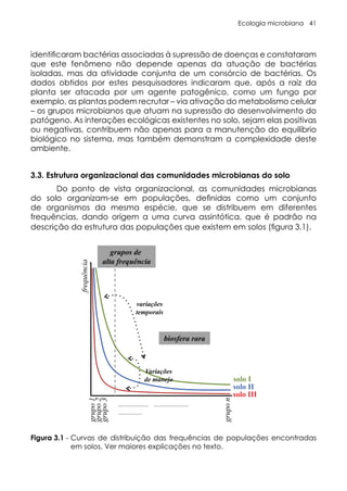 Ecologia microbiana 41
identificaram bactérias associadas à supressão de doenças e constataram
que este fenômeno não depende apenas da atuação de bactérias
isoladas, mas da atividade conjunta de um consórcio de bactérias. Os
dados obtidos por estes pesquisadores indicaram que, após a raiz da
planta ser atacada por um agente patogênico, como um fungo por
exemplo, as plantas podem recrutar – via ativação do metabolismo celular
– os grupos microbianos que atuam na supressão do desenvolvimento do
patógeno. As interações ecológicas existentes no solo, sejam elas positivas
ou negativas, contribuem não apenas para a manutenção do equilíbrio
biológico no sistema, mas também demonstram a complexidade deste
ambiente.
3.3. Estrutura organizacional das comunidades microbianas do solo
Do ponto de vista organizacional, as comunidades microbianas
do solo organizam-se em populações, definidas como um conjunto
de organismos da mesma espécie, que se distribuem em diferentes
frequências, dando origem a uma curva assintótica, que é padrão na
descrição da estrutura das populações que existem em solos (figura 3.1).
Figura 3.1 - Curvas de distribuição das frequências de populações encontradas
em solos. Ver maiores explicações no texto.
 