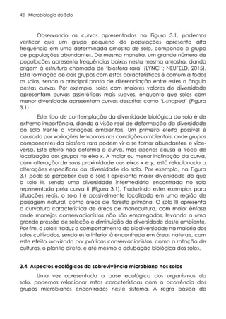 Microbiologia do Solo
42
Observando as curvas apresentadas na Figura 3.1, podemos
verificar que um grupo pequeno de populações apresenta alta
frequência em uma determinada amostra de solo, compondo o grupo
de populações abundantes. Da mesma maneira, um grande número de
populações apresenta frequências baixas nesta mesma amostra, dando
origem à estrutura chamada de ‘biosfera rara’ (LYNCH; NEUFELD, 2015).
Esta formação de dois grupos com estas características é comum a todos
os solos, sendo o principal ponto de diferenciação entre estes o ângulo
destas curvas. Por exemplo, solos com maiores valores de diversidade
apresentam curvas assintóticas mais suaves, enquanto que solos com
menor diversidade apresentam curvas descritas como ‘L-shaped’ (Figura
3.1).
Este tipo de contemplação da diversidade biológica do solo é de
extrema importância, dando a visão real de deformação da diversidade
do solo frente a variações ambientais. Um primeiro efeito possível é
causado por variações temporais nas condições ambientais, onde grupos
componentes da biosfera rara podem vir a se tornar abundantes, e vice-
versa. Este efeito não deforma a curva, mas apenas causa a troca de
localização dos grupos no eixo x. A maior ou menor inclinação da curva,
com alteração de suas proximidade aos eixos x e y, está relacionada a
alterações específicas da diversidade do solo. Por exemplo, na Figura
3.1 pode-se perceber que o solo I apresenta maior diversidade do que
o solo III, sendo uma diversidade intermediária encontrada no solo
representado pela curva II (Figura 3.1). Traduzindo estes exemplos para
situações reais, o solo I é possivelmente localizado em uma região de
paisagem natural, como áreas de floresta primária. O solo III apresenta
a curvatura característica de áreas de monocultura, com maior ênfase
onde manejos conservacionistas não são empregados, levando a uma
grande pressão de seleção e diminuição da diversidade deste ambiente.
Por fim, o solo II traduz o comportamento da biodiversidade na maioria dos
solos cultivados, sendo esta inferior à encontrada em áreas naturais, com
este efeito suavizado por práticas conservacionistas, como a rotação de
culturas, o plantio direto, e até mesmo a adubação biológica dos solos.
3.4. Aspectos ecológicos da sobrevivência microbiana nos solos
Uma vez apresentada a base ecológica dos organismos do
solo, podemos relacionar estas características com a ocorrência dos
grupos microbianos encontrados neste sistema. A regra básica de
 