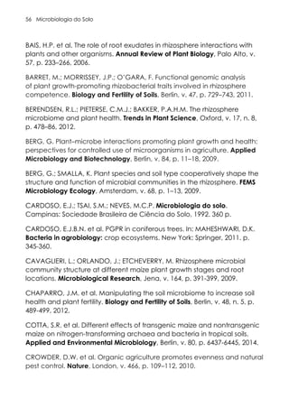 Microbiologia do Solo
56
BAIS, H.P. et al. The role of root exudates in rhizosphere interactions with
plants and other organisms. Annual Review of Plant Biology, Palo Alto, v.
57, p. 233–266, 2006.
BARRET, M.; MORRISSEY, J.P.; O’GARA, F. Functional genomic analysis
of plant growth-promoting rhizobacterial traits involved in rhizosphere
competence. Biology and Fertility of Soils, Berlin, v. 47, p. 729–743, 2011.
BERENDSEN, R.L.; PIETERSE, C.M.J.; BAKKER, P.A.H.M. The rhizosphere
microbiome and plant health. Trends in Plant Science, Oxford, v. 17, n. 8,
p. 478–86, 2012.
BERG, G. Plant–microbe interactions promoting plant growth and health:
perspectives for controlled use of microorganisms in agriculture. Applied
Microbiology and Biotechnology, Berlin, v. 84, p. 11–18, 2009.
BERG, G.; SMALLA, K. Plant species and soil type cooperatively shape the
structure and function of microbial communities in the rhizosphere. FEMS
Microbiology Ecology, Amsterdam, v. 68, p. 1–13, 2009.
CARDOSO, E.J.; TSAI, S.M.; NEVES, M.C.P. Microbiologia do solo.
Campinas: Sociedade Brasileira de Ciência do Solo, 1992. 360 p.
CARDOSO, E.J.B.N. et al. PGPR in coniferous trees. In: MAHESHWARI, D.K.
Bacteria in agrobiology: crop ecosystems. New York: Springer, 2011. p.
345-360.
CAVAGLIERI, L.; ORLANDO, J.; ETCHEVERRY, M. Rhizosphere microbial
community structure at different maize plant growth stages and root
locations. Microbiological Research, Jena, v. 164, p. 391-399, 2009.
CHAPARRO, J.M. et al. Manipulating the soil microbiome to increase soil
health and plant fertility. Biology and Fertility of Soils, Berlin, v. 48, n. 5, p.
489-499, 2012.
COTTA, S.R. et al. Different effects of transgenic maize and nontransgenic
maize on nitrogen-transforming archaea and bacteria in tropical soils.
Applied and Environmental Microbiology, Berlin, v. 80, p. 6437-6445, 2014.
CROWDER, D.W. et al. Organic agriculture promotes evenness and natural
pest control. Nature, London, v. 466, p. 109–112, 2010.
 