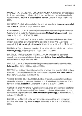 Rizosfera 59
MICALLEF, S.A.; SHIARIS, M.P.; COLON-CARMONA, A. Influence of Arabidopsis
thaliana accessions on rhizobacterial communities and natural variation in
root exudates. Journal of Experimental Botany, Oxford, v. 60, p. 1729–1742,
2009.
NANNIPIERI, P. et al. Microbial diversity and soil functions. European Journal of
Soil Science, Oxford, v. 54, p. 655–670, 2003.
RAAIJMAKERS, J.M. et al. Dose-response relationships in biological control of
Fusarium wilt of radish by Pseudomonas spp. Phytopathology Journal, New
York, v. 85, n. 10, p. 1075–1081, 1995.
RIBEIRO, C.M.; CARDOSO, E.J.B.N. Isolation, selection and characterization
of root-associated growth promoting bacteria in Brazil Pine (Araucaria
angustifolia). Microbiological research, Amsterdam, v. 16, n. 2, p. 69-78, 2012.
RUDRAPPA, T. et al. Root-secreted malic acid recruits beneficial soil bacteria.
Plant Physiology, Washington, v. 148, p. 1547–1556, 2008.
SOMERS, E.; VANDERLEYDEN, J.; SRINIVASAN, M. Rhizosphere bacterial
signalling: a love parade beneath our feet. Critical Reviews in Microbiology,
Boca Raton, v. 30, p. 205–240, 2004.
TRINGE, S.G. et al. Comparative metagenomics of microbial communities.
Science, New York, v. 308, p. 554–557, 2005.
TRIVEDI, P. et al. Huanglongbing alters the structure and functional diversity of
microbial communities associated with citrus rhizosphere. The ISME Journal,
New York, v. 6, n. 2, p. 363–383, 2012.
VASCONCELLOS, R.L.F.; CARDOSO, E.J.B.N. Rhizospheric streptomycetes as
potential biocontrol agents of Fusarium and Armillaria pine rot and as PGPR
for Pinus taeda. Biocontrol, Dordrecht, v. 54, n. 6, p. 807-816, 2009.
WEINERT, N. et al. PhyloChip hybridization uncovered an enormous bacterial
diversity in the rhizosphere of different potato cultivars: many common and
few cultivar-dependent taxa. FEMS Microbiology Ecology, Amsterdam, v. 75,
n. 3, p. 497–506, 2011.
ZAK, D.R. et al. Plant diversity, soil microbial communities, and ecosystem
function: are there any links? Ecology, New York, v. 84, n. 8, p. 2042–2050,
2003.
 