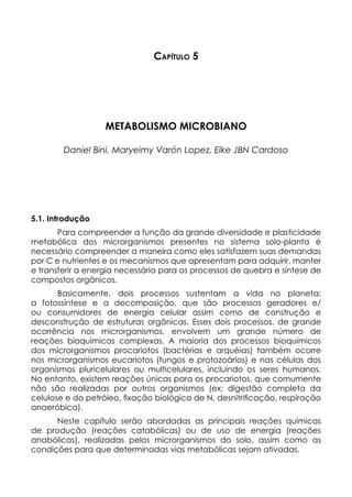 Capítulo 5
METABOLISMO MICROBIANO
Daniel Bini, Maryeimy Varón Lopez, Elke JBN Cardoso
5.1. Introdução
Para compreender a função da grande diversidade e plasticidade
metabólica dos microrganismos presentes no sistema solo-planta é
necessário compreender a maneira como eles satisfazem suas demandas
por C e nutrientes e os mecanismos que apresentam para adquirir, manter
e transferir a energia necessária para os processos de quebra e síntese de
compostos orgânicos.
Basicamente, dois processos sustentam a vida no planeta:
a fotossíntese e a decomposição, que são processos geradores e/
ou consumidores de energia celular assim como de construção e
desconstrução de estruturas orgânicas. Esses dois processos, de grande
ocorrência nos microrganismos, envolvem um grande número de
reações bioquímicas complexas. A maioria dos processos bioquímicos
dos microrganismos procariotos (bactérias e arquéias) também ocorre
nos microrganismos eucariotos (fungos e protozoários) e nas células dos
organismos pluricelulares ou multicelulares, incluindo os seres humanos.
No entanto, existem reações únicas para os procariotos, que comumente
não são realizadas por outros organismos (ex: digestão completa da
celulose e do petróleo, fixação biológica de N, desnitrificação, respiração
anaeróbica).
Neste capítulo serão abordadas as principais reações químicas
de produção (reações catabólicas) ou de uso de energia (reações
anabólicas), realizadas pelos microrganismos do solo, assim como as
condições para que determinadas vias metabólicas sejam ativadas.
 