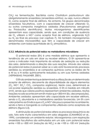 Microbiologia do Solo
66
CH4
) na fermentação. Bactérias como Clostridium pasteurianum são
obrigatoriamente anaeróbios (anaeróbios estritos), ou seja, nunca utilizam
O2
como aceptor final de elétrons. No entanto, há grupos denominados
anaeróbios facultativos, com a capacidade de crescer utilizando O2
ou outros compostos inorgânicos oxidados (Pseudomonas aeruginosa
ou Thiobacillus denitrificans). Muitos microrganismos desnitrificantes
apresentam essa capacidade, sendo que, em condições de ausência
de O2,
utilizam o NO-3
como aceptor final de elétrons, originando N2
O
ou N2
ao final do processo (ver capítulo 7). Há também microrganismos
denominados microaerófilos que têm a capacidade de crescer em
ambientes com baixa quantidade de O2
atmosférico.
5.3.2. Influência do potencial redox no metabolismo microbiano
O potencial redox (Eh) é uma medida elétrica que apresenta a
tendência de um solo em doar ou receber elétrons. O Eh apresenta-se
como o indicador mais importante do estado de oxidação ou redução
dos solos, determinando a direção das suas reações. Através dos valores
do potencial redox é possível saber se o solo está favorecendo processos
aeróbios ou anaeróbios e se compostos químicos como os óxidos de Fe
e Al ou o N estão quimicamente reduzidos ou em suas formas oxidadas
(VEPRASKAS; FAULKNER, 2001).
OEhdoambienteéquedeterminaráautilizaçãodeumdeterminado
aceptor de elétrons, decorrente da disponibilidade de alguns elementos
(O2
, NO-3
, SO4
-2
, CO2
, compostos orgânicos). Neste caso, determinará se
vai ocorrer respiração aeróbia ou anaeróbia. O Eh é medido em milivolts
(mV), sendo que valores positivos representam ambientes oxidados. Muitas
reações no solo acontecem em Eh maior que +300 mV (Ex.: decomposição).
Ambientes oxidados apresentam alta capacidade em receber elétrons,
sendo o O2
abundante e o metabolismo aeróbio favorecido. Um Eh com
valor próximo ao 0 indica que o O2
e NO-3
são pouco presentes no ambiente,
sendo o ferro e manganês os componentes utilizáveis como aceptores de
elétrons (figura 5.3).
A diminuição do potencial redox altera os processos bioquímicos do
solo, fato este muito característico em solos alagados (CAMARGO et al.,
1999), considerado um ambiente redutor. Microrganismos com respiração
anaeróbia facultativa são estimulados em um solo com potencial redox
entre +100 a +300 mV (redução do NO3
-
) e de +100 a -100 mV (redução
 