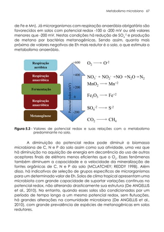 Metabolismo microbiano 67
Figura 5.3 - Valores de potencial redox e suas relações com o metabolismo
predominante no solo.
de Fe e Mn). Já microrganismos com respiração anaeróbia obrigatório são
favorecidos em solos com potencial redox -100 a -200 mV ou até valores
menores que -200 mV. Nestas condições há redução de SO4
-2
e produção
de metano por bactérias metanogênicas. Sendo assim, quanto mais
próximo de valores negativos de Eh mais redutor é o solo, o que estimula o
metabolismo anaeróbio.
A diminuição do potencial redox pode diminuir a biomassa
microbiana de C, N e P do solo assim como sua atividade, uma vez que
há diminuição na aquisição de energia em decorrência do uso de outros
aceptores finais de elétrons menos eficientes que o O2
. Esses fenômenos
também diminuem a capacidade e a velocidade da mineralização de
fontes orgânicas de C, N e P do solo (MCLATCHEY; REDDY 1998). Além
disso, há indicativos de seleção de grupos específicos de microrganismos
para um determinado valor de Eh. Solos de clima tropical apresentam uma
microbiota com grande capacidade de suportar variações continuas no
potencial redox, não alterando drasticamente sua estrutura (De ANGELLIS
et al., 2010). No entanto, quando esses solos são condicionados por um
período de tempo longo a um mesmo potencial redox, sem flutuações,
há grandes alterações na comunidade microbiana (De ANGELLIS et al.,
2010), com grande prevalência de espécies de metanogênicas em solos
redutores.
 