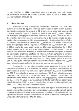 Transformações do carbono no solo 93
no solo (DICK et al., 1994), as enzimas são consideradas bons indicadores
de qualidade do solo (MOREIRA; SIQUEIRA, 2006; TÓTOLA; CHAER, 2002;
VASCONCELLOS et al., 2013)
6.7. Estudo de caso
Brandani (2013) comparou diferentes manejos do solo em
cultivos de cana-de-açúcar (manejo convencional com e sem queima,
adubação orgânica há quatro e 12 anos) e uma área sob vegetação
nativa e quantificaram o C da biomassa microbiana (CBM
) pelo método
de extração-fumigação conforme Vance et al. (1987). Nesse estudo, o
CBM
mostrou ser uma variável sensível ao tipo de manejo dado ao solo,
evidenciando-se para os sistemas conservacionistas (adubação orgânica
e colheita sem queima) valores de CBM
próximos aos teores observados
para a vegetação nativa (Figura 6.1). Os teores de CBM
variaram de 144,21
a 608,51 µg/g de solo, observando-se diferença significativa (p < 0,05)
entre as áreas avaliadas. Considerando as áreas cultivadas com cana-de-
açúcar sob diferentes manejos, o maior teor foi observado para o sistema
de adubação orgânica adotado há 12 anos (506,61 µg/g solo) e o menor
para a área sob manejo com queima (144,21 µg/g solo). Esses resultados
corroboram os trabalhos de Galdos et al. (2009), Signor (2010) e Barbosa
(2010), nos quais também foram observados maiores teores de CBM
em
solos sob sistema de colheita de cana-de-açúcar sem queima.
Em relação ao manejo com adubação orgânica, Barbosa (2010)
também observou que o sistema de cultivo orgânico comparado ao
convencional promoveu aumentos significativos no CBM
, com incremento
de 115 % em relação à cana sem queima e 157 % em relação à cana
queimada. No entanto, o maior teor de C da biomassa microbiana foi
observado para a área de mata nativa (608,51 µg/g solo). Teores elevados
de CBM
, (618 e 401 µg/g solo, respectivamente) também foram observados
por Galdos et al. (2009) em uma vegetação nativa e por Gama-Rodrigues
et al. (1997, 2005) em plantios de eucalipto.
Alguns fatores são responsáveis pelas condições mais favoráveis ao
desenvolvimento microbiano em condições de vegetação natural, como
o menor revolvimento do solo, a maior quantidade e qualidade de resíduos
aportados ao solo, a maior quantidade de raízes e melhores condições de
umidade e temperatura (FIALHO, 2006).
 