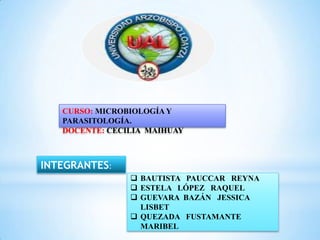 INTEGRANTES:
BAUTISTA PAUCCAR REYNA
ESTELA LÓPEZ RAQUEL
GUEVARA BAZÁN JESSICA
LISBET
QUEZADA FUSTAMANTE
MARIBEL
CURSO: MICROBIOLOGÍA Y
PARASITOLOGÍA.
DOCENTE: CECILIA MAIHUAY