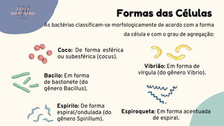 Formas das Células
As bactérias classificam-se morfologicamente de acordo com a forma
da célula e com o grau de agregação:
LUMA
MONTEIRO
LM
O D O N T O L O G I A
Coco: De forma esférica
ou subesférica (cocus).
Bacilo: Em forma
de bastonete (do
gênero Bacillus).
Vibrião: Em forma de
vírgula (do gênero Vibrio).
Espirilo: De forma
espiral/ondulada (do
gênero Spirillum).
Espiroqueta: Em forma acentuada
de espiral.
 