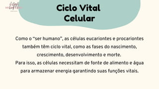 Como o “ser humano”, as células eucariontes e procariontes
também têm ciclo vital, como as fases do nascimento,
crescimento, desenvolvimento e morte.
Para isso, as células necessitam de fonte de alimento e água
para armazenar energia garantindo suas funções vitais.
Ciclo Vital
Celular
LUMA
MONTEIRO
LM
O D O N T O L O G I A
 