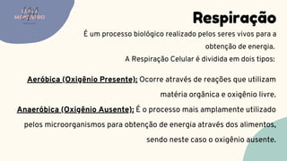Respiração
É um processo biológico realizado pelos seres vivos para a
obtenção de energia.
A Respiração Celular é dividida em dois tipos:
LUMA
MONTEIRO
LM
O D O N T O L O G I A
Aeróbica (Oxigênio Presente): Ocorre através de reações que utilizam
matéria orgânica e oxigênio livre.
Anaeróbica (Oxigênio Ausente): É o processo mais amplamente utilizado
pelos microorganismos para obtenção de energia através dos alimentos,
sendo neste caso o oxigênio ausente.
 