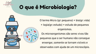 O termo Micro (gr: pequeno) + bio(gr: vida)
+ logia(gr: estudo) = estudo de pequenos
organismos.
Os microorganismos são seres vivos tão
pequenos que o ser humano não consegue
enxergar, somente se tornam visíveis e
observados com ajuda de um microscópio.
O que é Microbiologia?
LUMA
MONTEIRO
LM
O D O N T O L O G I A
 