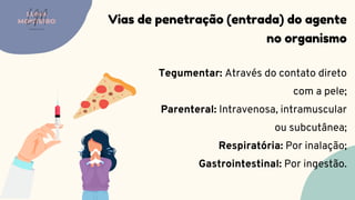 Tegumentar: Através do contato direto
com a pele;
Parenteral: Intravenosa, intramuscular
ou subcutânea;
Respiratória: Por inalação;
Gastrointestinal: Por ingestão.
Vias de penetração (entrada) do agente
no organismo
LUMA
MONTEIRO
LM
O D O N T O L O G I A
 