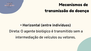 • Horizontal (entre indivíduos)
Direta: O agente biológico é transmitido sem a
intermediação de veículos ou vetores.
Mecanismos de
transmissão da doença
LUMA
MONTEIRO
LM
O D O N T O L O G I A
 