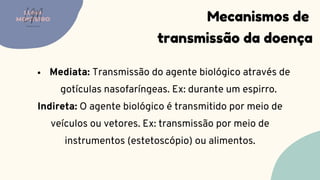 Mediata: Transmissão do agente biológico através de
gotículas nasofaríngeas. Ex: durante um espirro.
Indireta: O agente biológico é transmitido por meio de
veículos ou vetores. Ex: transmissão por meio de
instrumentos (estetoscópio) ou alimentos.
Mecanismos de
transmissão da doença
LUMA
MONTEIRO
LM
O D O N T O L O G I A
 