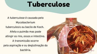 A tuberculose é causada pelo
Mycobacterium
tuberculosis ou bacilo de Koch.
Afeta o pulmão mas pode
atingir os rins, ossos e intestino.
A transmissão ocorre
pela aspiração e ou deglutinação da
bactéria.
Tuberculose
LUMA
MONTEIRO
LM
O D O N T O L O G I A
 