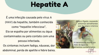 É uma infecção causada pelo vírus A
(HAV) da hepatite, também conhecida
como “hepatite infecciosa”.
Ela se espalha por alimentos ou água
contaminados ou pelo contato com uma
pessoa infectada.
Os sintomas incluem fadiga, náuseas, dor
abdominal, perda de apetite e febre baixa.
Hepatite A
LUMA
MONTEIRO
LM
O D O N T O L O G I A
 