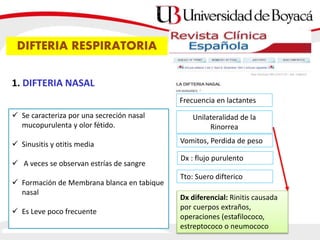 DIFTERIA RESPIRATORIA
1. DIFTERIA NASAL
 Se caracteriza por una secreción nasal
mucopurulenta y olor fétido.
 Sinusitis y otitis media
 A veces se observan estrías de sangre
 Formación de Membrana blanca en tabique
nasal
 Es Leve poco frecuente
Frecuencia en lactantes
Unilateralidad de la
Rinorrea
Vomitos, Perdida de peso
Dx : flujo purulento
Tto: Suero difterico
Dx diferencial: Rinitis causada
por cuerpos extraños,
operaciones (estafilococo,
estreptococo o neumococo
 