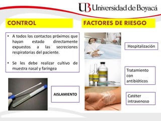 CONTROL
• A todos los contactos próximos que
hayan estado directamente
expuestos a las secreciones
respiratorias del paciente.
• Se les debe realizar cultivo de
muestra nasal y faríngea
AISLAMIENTO
FACTORES DE RIESGO
Hospitalización
Tratamiento
con
antibióticos
Catéter
intravenoso
 
