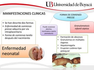 MANIFESTACIONES CLINICAS
• Se han descrito dos formas
• Enfermedad de comienzo
precoz adquiría por vía
intraplacentaria
• Forma de comienzo tardío
después del nacimiento
Enfermedad
neonatal
FORMA DE COMIENZO
PRECOZ
Puede ocasionar
abortos,
mortinatos o parto
prematuros
Granulomatosis
infantil séptica
• Formación de abscesos
• Granulomas en múltiples
órganos
• Hepatomegalia
• Erupcion cutánea tipo
petequial
 