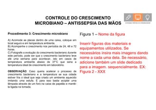 CONTROLE DO CRESCIMENTO
MICROBIANO – ANTISSEPSIA DAS MÃOS
Procedimento 3: Crescimento microbiano
A) Acomode as placas dentro de uma caixa, coloque em
local seguro e em temperatura ambiente.
B) Acompanhe o crescimento nos períodos de 24, 48 e 72
horas.
C) Fotografe a evolução do crescimento bacteriano durante
este período, pode ser que o crescimento bacteriano leve
até uma semana para acontecer, isto em casos de
temperatura ambiente abaixo de 37°C que seria a
temperatura ideal de crescimento em laboratório.
OBSERVAÇÃO: Caso queira acelerar o processo de
crescimento bacteriano e a temperatura se sua cidade
estiver fria o ideal que seja criado um ambiente aquecido
imitando uma estufa. E para isso basta acoplar uma
lâmpada através de um foro na caixa de papelão e mantê-
la ligada na tomada.
Figura 1 – Nome da figura
Inserir figuras dos materiais e
equipamentos utilizados. Se
necessários insira mais imagens dando
nome a cada uma dela. Se necessário,
adicione também um slide dedicado
para a imagem. sequencialmente. EX:
Figura 2 - XXX
 
