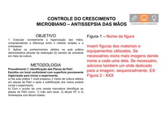 CONTROLE DO CRESCIMENTO
MICROBIANO – ANTISSEPSIA DAS MÃOS
OBJETIVO
1. Executar corretamente a higienização das mãos,
compreendendo a diferença entre o método simples e a
antissepsia.
3. Aplicar os conhecimentos obtidos na aula prática
demonstrativa através da realização do semeio de amostras
em meio de cultura.
METODOLOGIA
Procedimento 1: Identificação das Placas de Petri
Escolha um local confortável com superfície previamente
higienizada para iniciar o experimento.
a) Na aula prática 1 você preparou 3 meios de cultura sólidos
em placas de Petri e após a solidificação dos meios poderá
iniciar o experimento.
b) Com o auxílio de uma caneta marcadora identifique as
placas de Petri como: 1) mão sem lavar, 2) álcool 70° e 3)
Antissepsia com álcool iodado.
Figura 1 – Nome da figura
Inserir figuras dos materiais e
equipamentos utilizados. Se
necessários insira mais imagens dando
nome a cada uma dela. Se necessário,
adicione também um slide dedicado
para a imagem. sequencialmente. EX:
Figura 2 - XXX
 