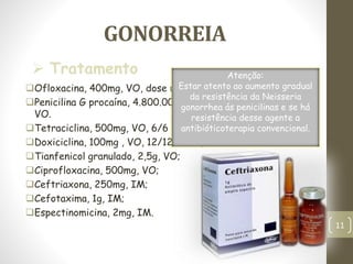 GONORREIA
Ofloxacina, 400mg, VO, dose única.
Penicilina G procaína, 4.800.000 UI, IM + 1g de probenecid,
VO.
Tetraciclina, 500mg, VO, 6/6 horas, por 7 dias;
Doxiciclina, 100mg , VO, 12/12 horas, 7 dias;
Tianfenicol granulado, 2,5g, VO;
Ciprofloxacina, 500mg, VO;
Ceftriaxona, 250mg, IM;
Cefotaxima, 1g, IM;
Espectinomicina, 2mg, IM.
Atenção:
Estar atento ao aumento gradual
da resistência da Neisseria
gonorrhea ás penicilinas e se há
resistência desse agente a
antibióticoterapia convencional.
 Tratamento
11
 