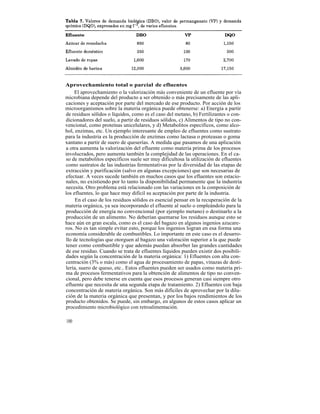 Aprovechamiento total o parcial de efluentes
     El aprovechamiento o la valorización más conveniente de un efluente por vía
microbiana depende del producto a ser obtenido o más precisamente de las apli-
caciones y aceptación por parte del mercado de ese producto. Por acción de los
microorganismos sobre la materia orgánica puede obtenerse: a) Energía a partir
de residuos sólidos o líquidos, como es el caso del metano, b) Fertilizantes o con-
dicionadores del suelo, a partir de residuos sólidos, c) Alimentos de tipo no con-
vencional, como proteínas unicelulares, y d) Metabolitos específicos, como alco-
hol, enzimas, etc. Un ejemplo interesante de empleo de efluentes como sustrato
para la industria es la producción de enzimas como lactasa o proteasas o goma
xantano a partir de suero de queserías. A medida que pasamos de una aplicación
a otra aumenta la valorización del efluente como materia prima de los procesos
involucrados, pero aumenta también la complejidad de las operaciones. En el ca-
so de metabolitos específicos suele ser muy dificultosa la utilización de efluentes
como sustratos de las industrias fermentativas por la diversidad de las etapas de
extracción y purificación (salvo en algunas excepciones) que son necesarias de
efectuar. A veces sucede también en muchos casos que los efluentes son estacio-
nales, no existiendo por lo tanto la disponibilidad permanente que la industria
necesita. Otro problema está relacionado con las variaciones en la composición de
los efluentes, lo que hace muy difícil su aceptación por parte de la industria.
     En el caso de los residuos sólidos es esencial pensar en la recuperación de la
materia orgánica, ya sea incorporando el efluente al suelo o empleándolo para la
producción de energía no convencional (por ejemplo metano) o destinarlo a la
producción de un alimento. No deberían quemarse los residuos aunque esto se
hace aún en gran escala, como es el caso del bagazo en algunos ingenios azucare-
ros. No es tan simple evitar esto, porque los ingenios logran en esa forma una
economía considerable de combustibles. Lo importante en este caso es el desarro-
llo de tecnologías que otorguen al bagazo una valoración superior a la que puede
tener como combustible y que además puedan absorber las grandes cantidades
de ese residuo. Cuando se trata de efluentes líquidos pueden existir dos posibili-
dades según la concentración de la materia orgánica: 1) Efluentes con alta con-
centración (3% o más) como el agua de procesamiento de papas, vinazas de desti-
lería, suero de queso, etc.. Estos efluentes pueden ser usados como materia pri-
ma de procesos fermentativos para la obtención de alimentos de tipo no conven-
cional, pero debe tenerse en cuenta que esos procesos generan casi siempre otro
efluente que necesita de una segunda etapa de tratamiento. 2) Efluentes con baja
concentración de materia orgánica. Son más difíciles de aprovechar por la dilu-
ción de la materia orgánica que presentan, y por los bajos rendimientos de los
producto obtenidos. Se puede, sin embargo, en algunos de estos casos aplicar un
procedimiento microbiológico con retroalimentación.

100
 