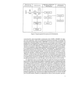 Figura 2. Esquema general de un proceso de fermentación.



concentración, está comprendido comúnmente entre 10,000 y 100,000 l. En algu-
nos casos especiales, como en la producción de proteína unicelular, los tanques de
fermentación pueden llegar hasta 1,000,000 l. Un proceso esencial ligado a la
producción es la preparación y esterilización de los medios que se lleva a cabo
también en esta etapa (previamente a la inoculación) ya sea en el tanque de
inóculo o en el reactor industrial. 3) Operaciones y proceso de separación y purifi-
ción de los productos; estas etapas comprenden en forma general y sucesivamen-
te: a) separación de insolubles por filtración, centrifugación, o decantación; b) se-
paraciones primarias por extracción, absorción, adsorción, ultrafiltración; c) puri-
ficación por extracción líquido-líquido, o extracción a dos fases acuosas, o croma-
tografía de afinidad, y finalmente d) aislamiento del producto. 4) Tratamiento de
efluentes: si bien no tiene una relación directa con el producto, que es la razón de
ser de la industria de fermentación, representa una etapa imprescindible porque
es fundamental controlar la calidad del efluente que sale de la fábrica y que es
enviado generalmente a un curso de agua, sea un canal, arroyo, un río o al mar.
     Es importante tener en cuenta que todas las etapas de un proceso de fermen-
tación deben estar íntimamente ligadas e integradas ya que es indispensable que
el proceso sea optimizado globalmente. Cada etapa debe considerar la importan-
cia e influencia de los procesos y operaciones anteriores y también de los siguien-
tes para poder cumplir con ese concepto de integración. La calidad de una cepa
de microorganismo debe estar supeditada a su real capacidad de producción en el
fermentador. Pero además es necesario que esa cepa, altamente productora, no
produzca, por ejemplo, dificultades en la etapa de separación y purificación como
es el caso de cepas de Penicillium chrysogenum que no pueden utilizarse porque
producen pigmentos que encarecen las etapas de purificación. Lo mismo sucede
con el uso de medios, basados en subproductos como el suero de queso, que pue-

                                                                                  11
 