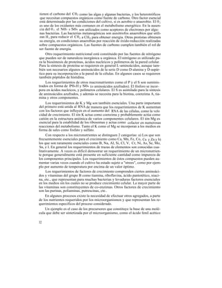 tienen el carbono del C02 como las algas y algunas bacterias, y los heterotróficos
 que necesitan compuestos orgánicos como fuente de carbono. Otro factor esencial
 está determinado por las condiciones del cultivo, si es aerobio o anaerobio. El 0 2
 es uno de los oxidantes más comunes en el metabolísmo energético. En la ausen-
 cia del 0 2 , el N03 o S04 son utilizados como aceptores de electrones por algu-
 nas bacterias. Las bacterias metanogénicas son auxótrofos anaerobios que utili-
 zan H 2 para reducir el C02 a CH4 para obtener energía. Otras protistas obtienen
 su energía, en condiciones anaerobias por reacción de óxido-reducción realizadas
sobre compuestos orgánicos. Las fuentes de carbono cumplen también el rol de
ser fuente de energía.
      Otro requerimiento nutricional está constituido por las fuentes de nitrógeno
que pueden ser de naturaleza inorgánica u orgánica. El nitrógeno es utilizado pa-
ra la biosíntesis de proteínas, ácidos nucleicos y polímeros de la pared celular.
Para la síntesis de proteína se requieren en general L-aminoácidos, aunque tam-
bién son necesarios algunos aminoácidos de la serie D como D-alanina y D-aspár-
tico para su incorporación a la pared de la células. En algunos casos se requieren
también póptidos de histidina.
      Los requerimientos de otros macronutrientes como el P y el S son suminis-
trados en forma de P04 H y S04 (o aminoácidos azufrados). El fósforo se incor-
pora en ácidos nucleicos, y polímeros celulares. El S es asimilado para la síntesis
de aminoácidos azufrados, y además se necesita para la biotina, coenzima A, tia-
mina y otros componentes.
      Los requerimientos de K y Mg son también esenciales. Una parte importante
del primero está unida al RNA de manera que los requerimientos de K aumentan
con los factores que influyen en el aumento del RNA de las células, como la velo
cidad de crecimiento. El ión K actua como coenzima y probablemente actúa como
catión en la estructura aniónica de varios componentes celulares. El ión Mg es
esencial para la estabilidad de los ribosomas y actua como cofactor en numerosas
reacciones del metabolismo. Tanto el K como el Mg se incorporan a los medios en
forma de sales como fosfato y sulfato.
      Con respecto a los micronutrientes se distinguen 2 categorías: a) Los que son
frecuentemente esenciales para el crecimiento como Ca, Mn, Fe, Co, Cu y Zn y b)
los que son raramente esenciales como B, Na, Al, Si, Cl, V, Cr, Ni, As, Se, Mo,
Sn, e I. En general los requerimientos de trazas de elementos son conocidas cua-
litativamente. A veces es difícil demostrar un requerimiento de un micronutrien-
te porque generalmente está presente en suficiente cantidad como impureza de
los componentes principales. Los requerimientos de éstos compuestos pueden au-
mentar varias veces cuando el cultivo ha estado sujeto a "strees", como por ejem-
plo por aumento de temperatura por encima de un valor óptimo.
      Los requerimientos de factores de crecimiento comprenden ciertos aminoáci-
dos y vitaminas del grupo B como tiamina, riboflavina, ácido pantotético, niaci-
na, etc., que representan para muchas bacterias y levaduras factores esenciales
en los medios sin los cuales no se produce crecimiento celular. La mayor parte de
las vitaminas son constituyentes de co-enzimas. Otros factores de crecimiento
son las purinas, poliaminas, putrescinas, cte..
     En algunos procesos existe la necesidad de efectuar otros agregados, a parte
de los nutrientes requeridos por los microorganismos y que representan los re-
querimientos específicos del proceso considerado.
     Un ejemplo es el caso de los precursores que constituye la base de una molé-
cula que debe ser sintetizada por el microorganismo, como el ácido fenil acético

32
 