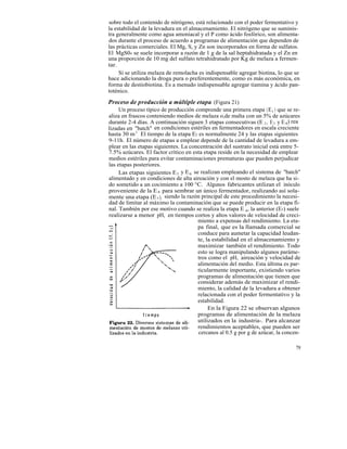 sobre todo el contenido de nitrógeno, está relacionado con el poder fermentativo y
la estabilidad de la levadura en el almacenamiento. El nitrógeno que se suminis-
tra generalmente como agua amoniacal y el P como ácido fosfórico, son alimenta-
dos durante el proceso de acuerdo a programas de alimentación que dependen de
las prácticas comerciales. El Mg, S, y Zn son incorporados en forma de sulfatos.
El MgS04 se suele incorporar a razón de 1 g de la sal heptahidratada y el Zn en
una proporción de 10 mg del sulfato tetrahidratado por Kg de melaza a fermen-
tar.
     Si se utiliza melaza de remolacha es indispensable agregar biotina, lo que se
hace adicionando la droga pura o preferentemente, como es más económica, en
forma de destiobiotina. Es a menudo indispensable agregar tiamina y ácido pan-
toténico.

Proceso de producción a múltiple etapa (Figura 21)
     Un proceso típico de producción comprende una primera etapa ( E l ) que se re-
aliza en frascos conteniendo medios de melaza o,de malta con un 5% de azúcares
durante 2-4 días. A continuación siguen 3 etapas consecutivas (E 2 , E 3 y E 4) rea
lizadas en "batch" en condiciones estériles en fermentadores en escala creciente
hasta 30 m 3 . El tiempo de la etapa E2 es normalmente 24 y las etapas siguientes
9-11h. El número de etapas a emplear depende de la cantidad de levadura a em-
plear en las etapas siguientes. La concentración del sustrato inicial está entre 5-
7.5% azúcares. El factor crítico en esta etapa reside en la necesidad de emplear
medios estériles para evitar contaminaciones prematuras que pueden perjudicar
las etapas posteriores.
     Las etapas siguientes E 5 y E 6 se realizan empleando el sistema de "batch"
alimentado y en condiciones de alta aireación y con el mosto de melaza que ha si-
do sometido a un cocimiento a 100 °C. Algunos fabricantes utilizan el inóculo
proveniente de la E 4 para sembrar un único fermentador, realizando así sola-
mente una etapa (E 5 ), siendo la razón principal de este procedimiento la necesi-
dad de limitar al máximo la contaminación que se puede producir en la etapa fi-
nal. También por ese motivo cuando se realiza la etapa E 6, la anterior (E5) suele
realizarse a menor pH, en tiempos cortos y altos valores de velocidad de creci-
                                       miento a expensas del rendimiento. La eta-
                                       pa final, que es la llamada comercial se
                                       conduce para aumetar la capacidad leudan-
                                       te, la estabilidad en el almacenamiento y
                                       maximizar también el rendimiento. Todo
                                       esto se logra manipulando algunos paráme-
                                       tros como el pH, aireación y velocidad de
                                       alimentación del medio. Esta última es par-
                                       ticularmente importante, existiendo varios
                                       programas de alimentación que tienen que
                                       considerar además de maximizar el rendi-
                                       miento, la calidad de la levadura a obtener
                                       relacionada con el poder fermentativo y la
                                       estabilidad.
                                            En la Figura 22 se observan algunos
                                       programas de alimentación de la melaza
                                       utilizados en la industria-. Para alcanzar
                                       rendimientos aceptables, que pueden ser
                                        cercanos al 0.5 g por g de azúcar, la concen-

                                                                                   79
 
