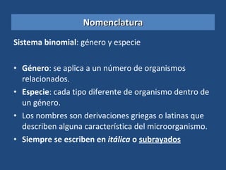 Nomenclatura Sistema binomial : género y especie Género : se aplica a un número de organismos relacionados. Especie : cada tipo diferente de organismo dentro de un género. Los nombres son derivaciones griegas o latinas que describen alguna característica del microorganismo. Siempre se escriben en  itálica  o  subrayados 