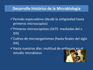 Desarrollo histórico de la Microbiología Periodo especulativo (desde la antigüedad hasta primeros microscopios)  Primeros microscopistas (1675 -mediados del s. XIX)  Cultivo de microorganismos (hasta finales del siglo XIX)  Hasta nuestros días: multitud de enfoques en el estudio microbiano.  