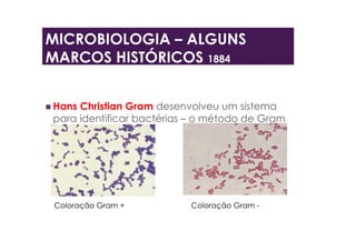  Hans Christian Gram desenvolveu um sistema
para identificar bactérias – o método de Gram
MICROBIOLOGIA – ALGUNS
MARCOS HISTÓRICOS 1884
Coloração Gram + Coloração Gram -
 